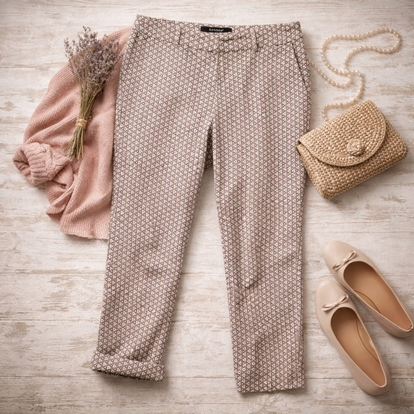 Sandro Pants - Sandro Paris Printed Ankle Pants Size 8 Brown Cream Slim Fit Stretch